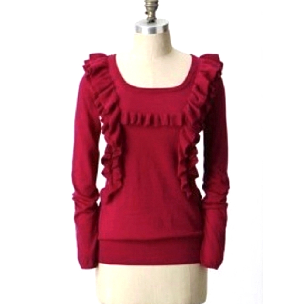 Anthropologie Moth Fuchsia Raspberry Ruffle Flutter Wool Sweater XS Magenta